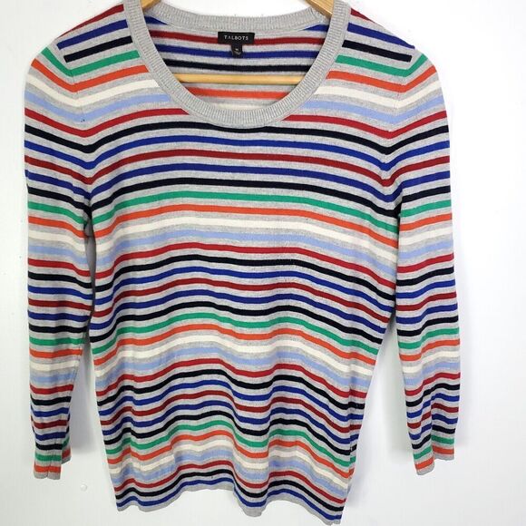 Talbots Sweater Womens M Rainbow Striped Colorful Preppy Office Crew Neck - Picture 1 of 7